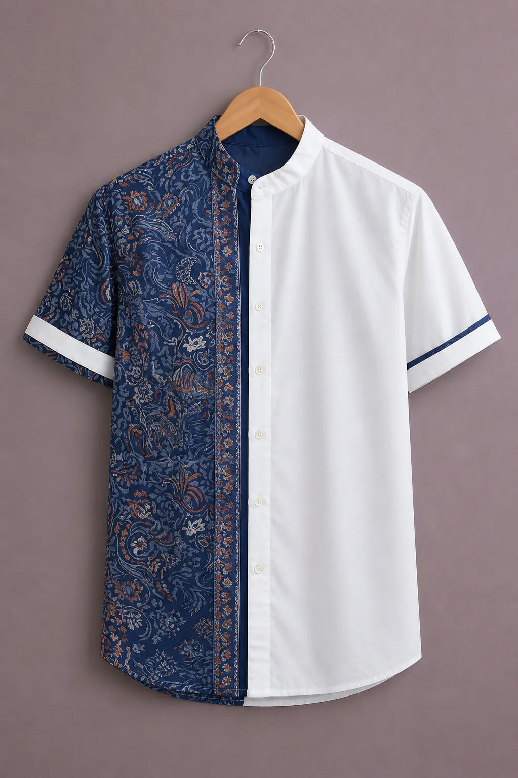 Fabrix™ Men's Premium Half Printed Paisley Panel Mandarin Collar Short Sleeve Casual Shirt – Designer Indo-Western Color Block Summer Wear Shirt for Men
