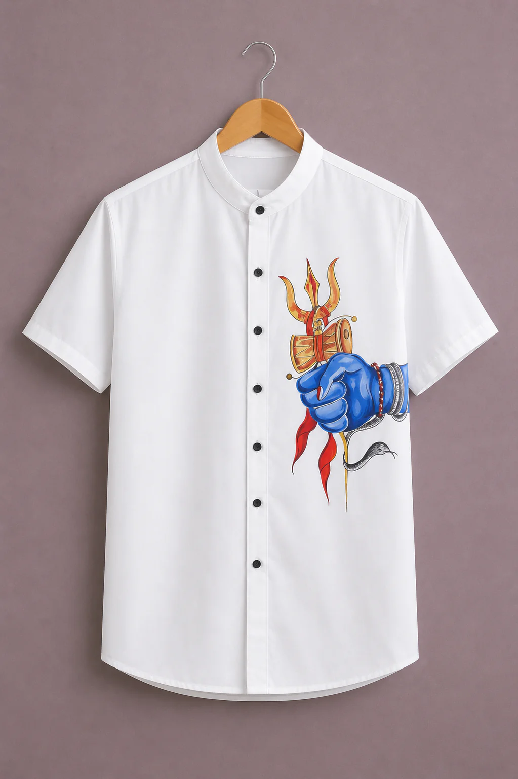 Fabrix™ Men's Premium Lord Shiva Trishul Graphic Print Mandarin Collar Short Sleeve Casual Shirt – Designer Spiritual Art Summer Wear Shirt for Men