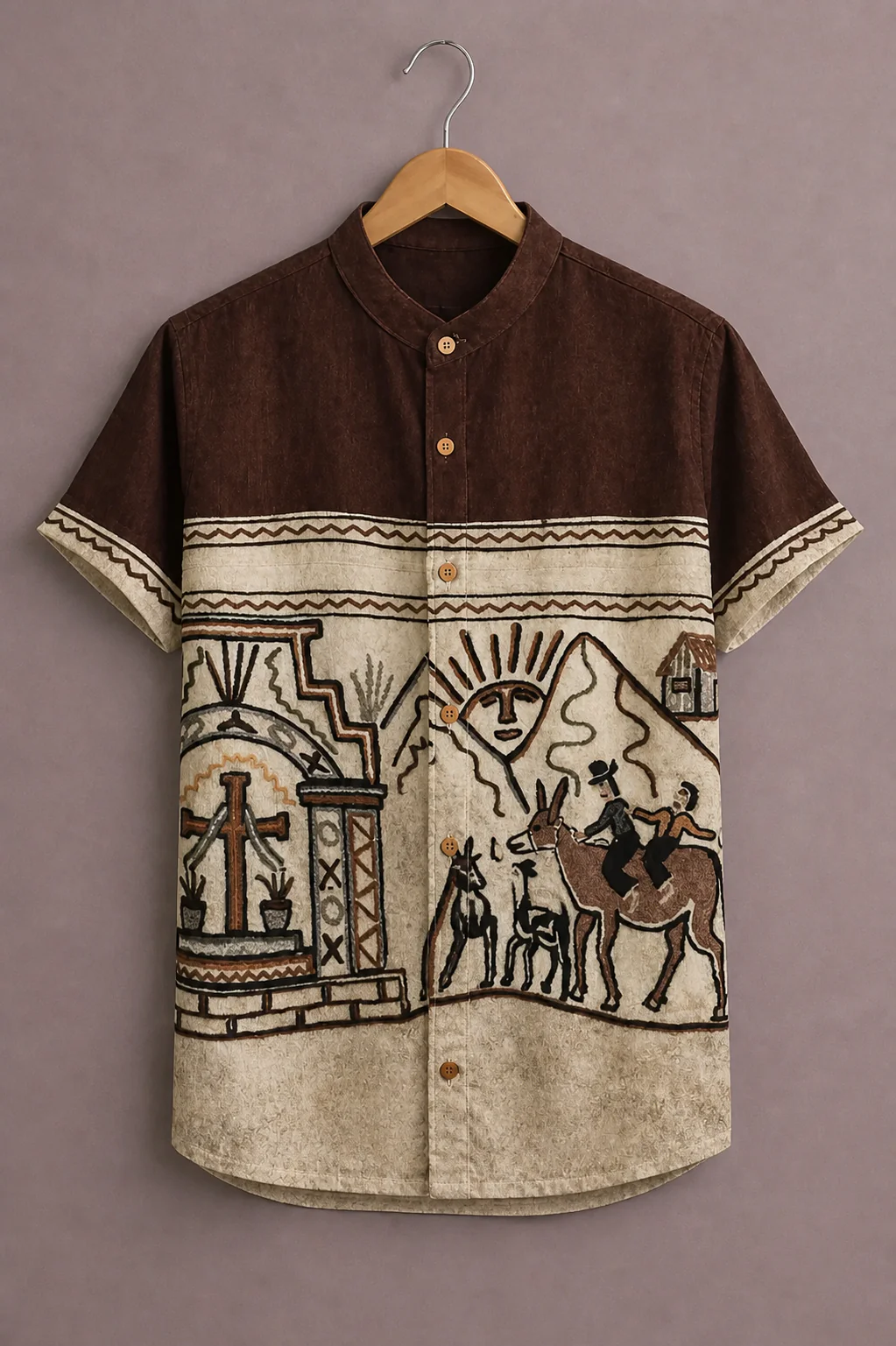 Fabrix™ Men's Premium Tribal Art Printed Mandarin Collar Short Sleeve Casual Shirt – Designer Ethnic Landscape Graphic Summer Wear Shirt for Men