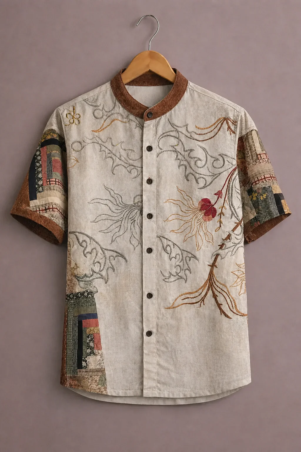 Fabrix™ Men's Premium Artistic Printed Mandarin Collar Short Sleeve Casual Shirt – Designer Ethnic Floral Patchwork Summer Wear for Men