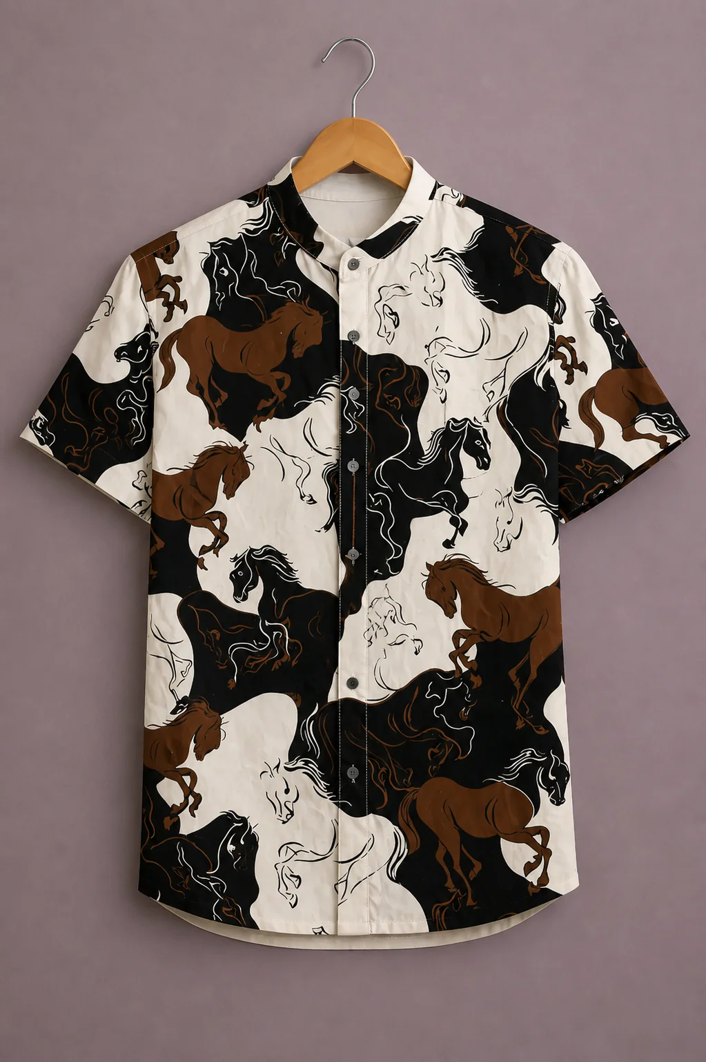 Fabrix™ Men's Premium Running Horse Print Mandarin Collar Short Sleeve Casual Shirt – Designer Equestrian Graphic Summer Wear Shirt for Men