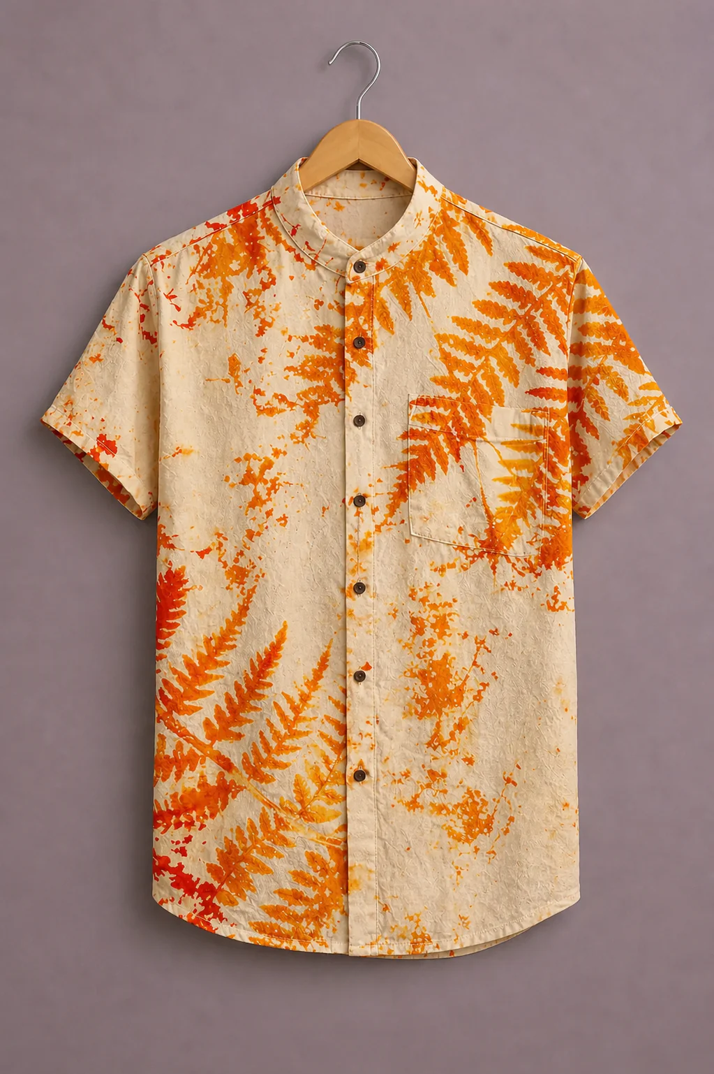 Fabrix™ Men's Premium Tropical Fern Leaf Print Mandarin Collar Short Sleeve Casual Shirt – Designer Botanical Summer Beach Wear Shirt for Men