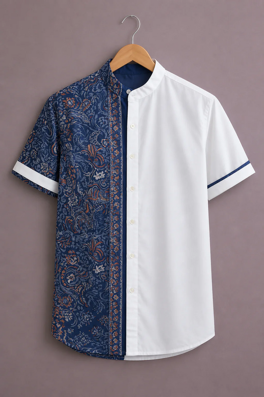 Fabrix™ Men's Premium Half Printed Paisley Panel Mandarin Collar Short Sleeve Casual Shirt – Designer Indo-Western Color Block Summer Wear Shirt for Men