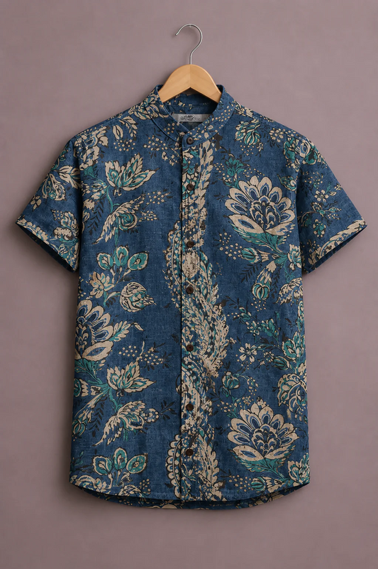 Fabrix™ Men's Premium Vintage Floral Paisley Print Mandarin Collar Short Sleeve Casual Shirt – Designer Botanical Art Summer Wear Shirt for Men