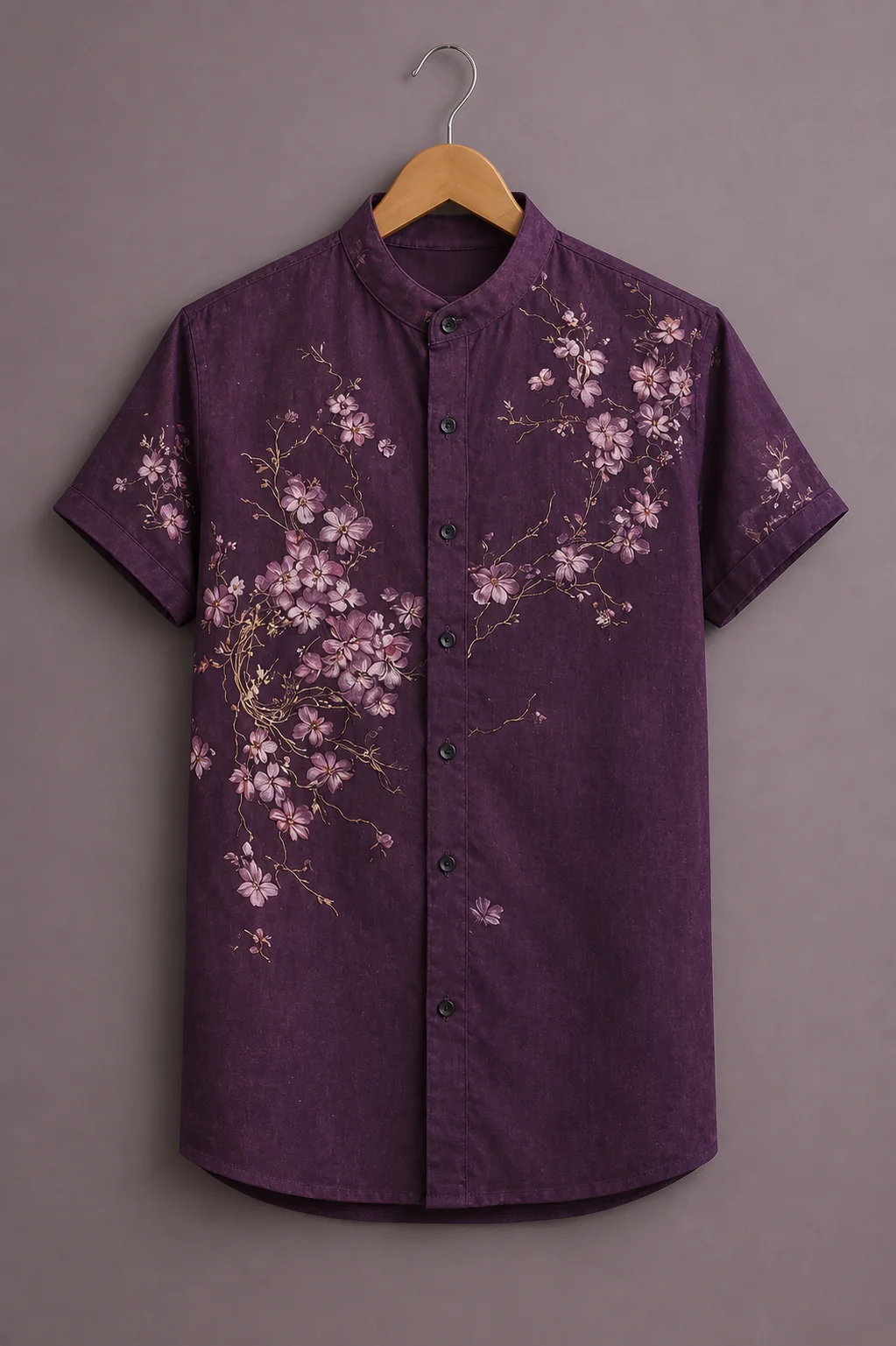 Fabrix™ Men's Premium Cherry Blossom Print Mandarin Collar Short Sleeve Casual Shirt – Designer Floral Art Summer Wear Shirt for Men