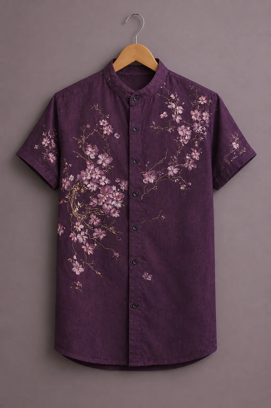 Fabrix™ Men's Premium Cherry Blossom Print Mandarin Collar Short Sleeve Casual Shirt – Designer Floral Art Summer Wear Shirt for Men
