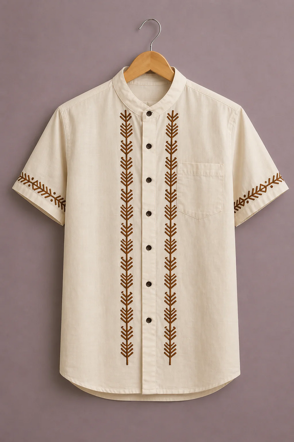 Fabrix™ Men's Premium Minimalist Embroidered Mandarin Collar Short Sleeve Casual Shirt – Designer Ethnic Pattern Summer Wear Shirt for Men
