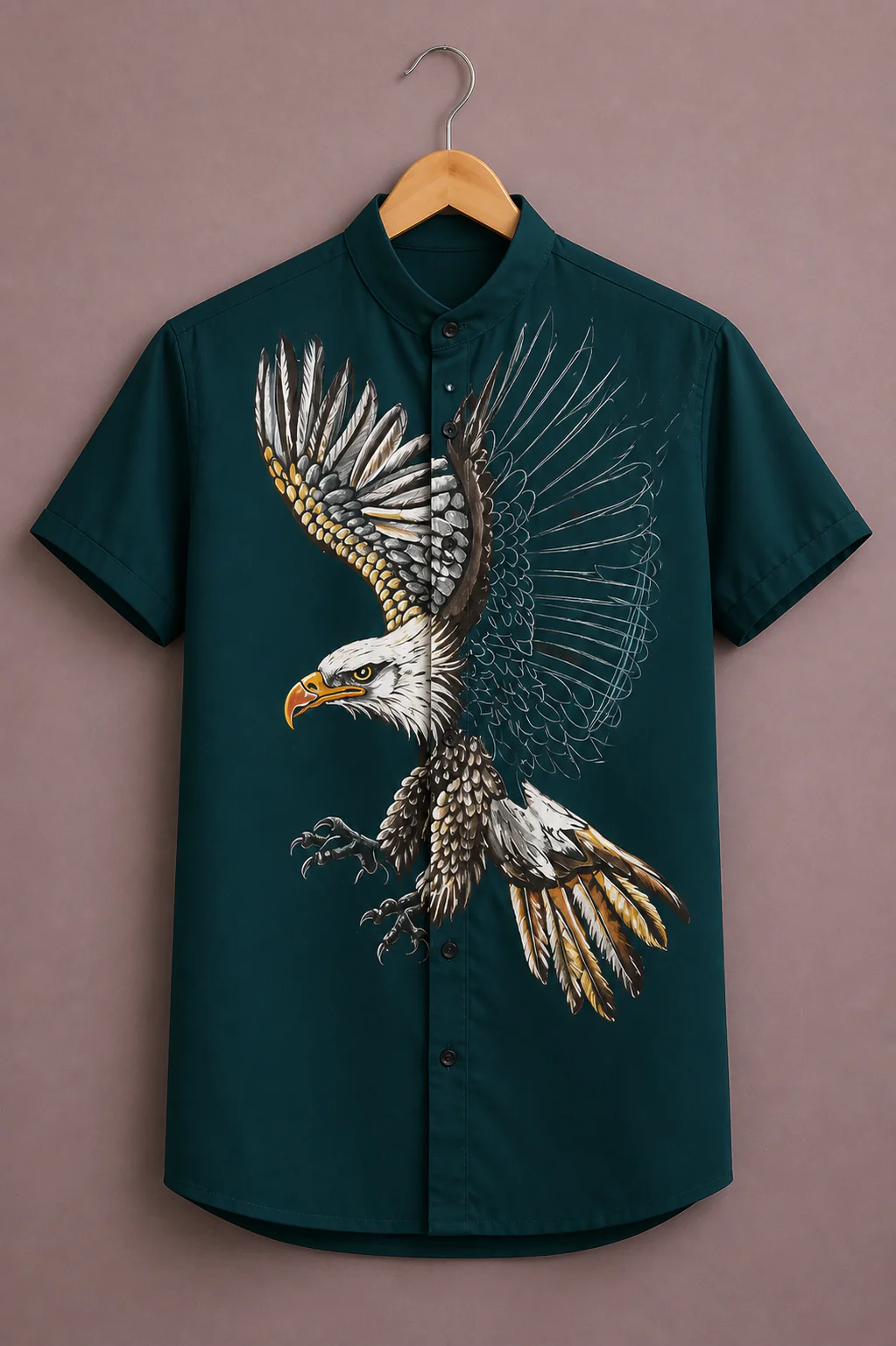 Fabrix™ Men's Premium Eagle Graphic Print Mandarin Collar Short Sleeve Casual Shirt – Designer Wildlife Art Statement Summer Wear Shirt for Men
