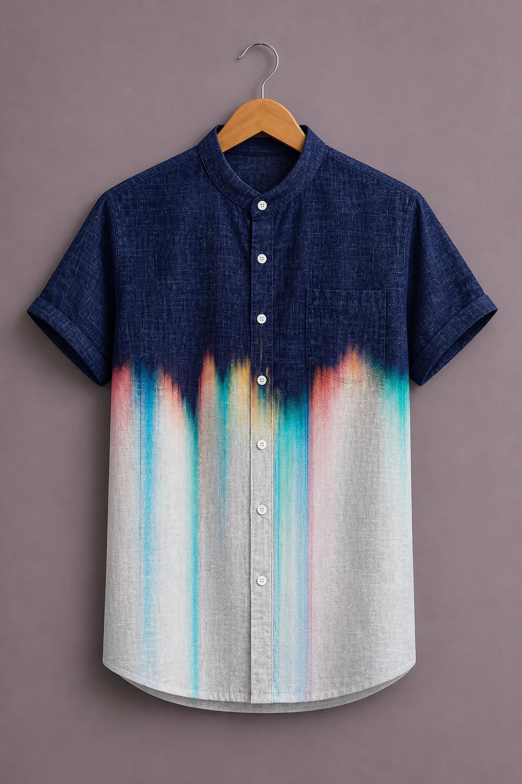 Fabrix™ Men's Premium Abstract Gradient Print Mandarin Collar Short Sleeve Casual Shirt – Designer Ombre Brushstroke Summer Wear Shirt for Men