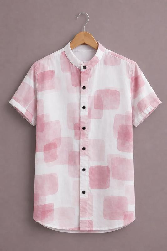 Fabrix™ Men's Premium Pastel Abstract Print Mandarin Collar Short Sleeve Casual Shirt – Designer Minimalist Watercolor Summer Wear Shirt for Men