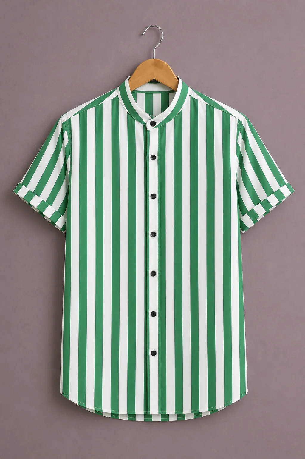 Fabrix™ Men's Premium Vertical Striped Mandarin Collar Short Sleeve Casual Shirt – Designer Green & White Minimalist Summer Wear Shirt for Men