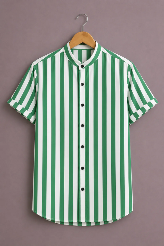Fabrix™ Men's Premium Vertical Striped Mandarin Collar Short Sleeve Casual Shirt – Designer Green & White Minimalist Summer Wear Shirt for Men