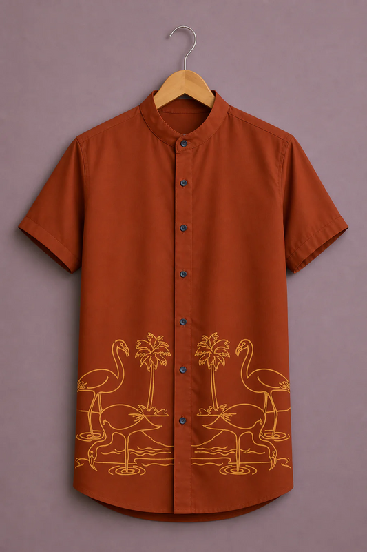 Fabrix™ Men's Premium Rust Orange Flamingo Print Mandarin Collar Short Sleeve Casual Shirt – Tropical Designer Summer Cotton Blend Shirt for Men