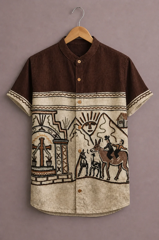 Fabrix™ Men's Premium Tribal Art Printed Mandarin Collar Short Sleeve Casual Shirt – Designer Ethnic Landscape Graphic Summer Wear Shirt for Men