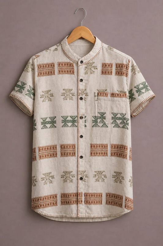Fabrix™ Men's Premium Ethnic Geometric Print Mandarin Collar Short Sleeve Casual Shirt – Designer Tribal Pattern Summer Wear Shirt for Men