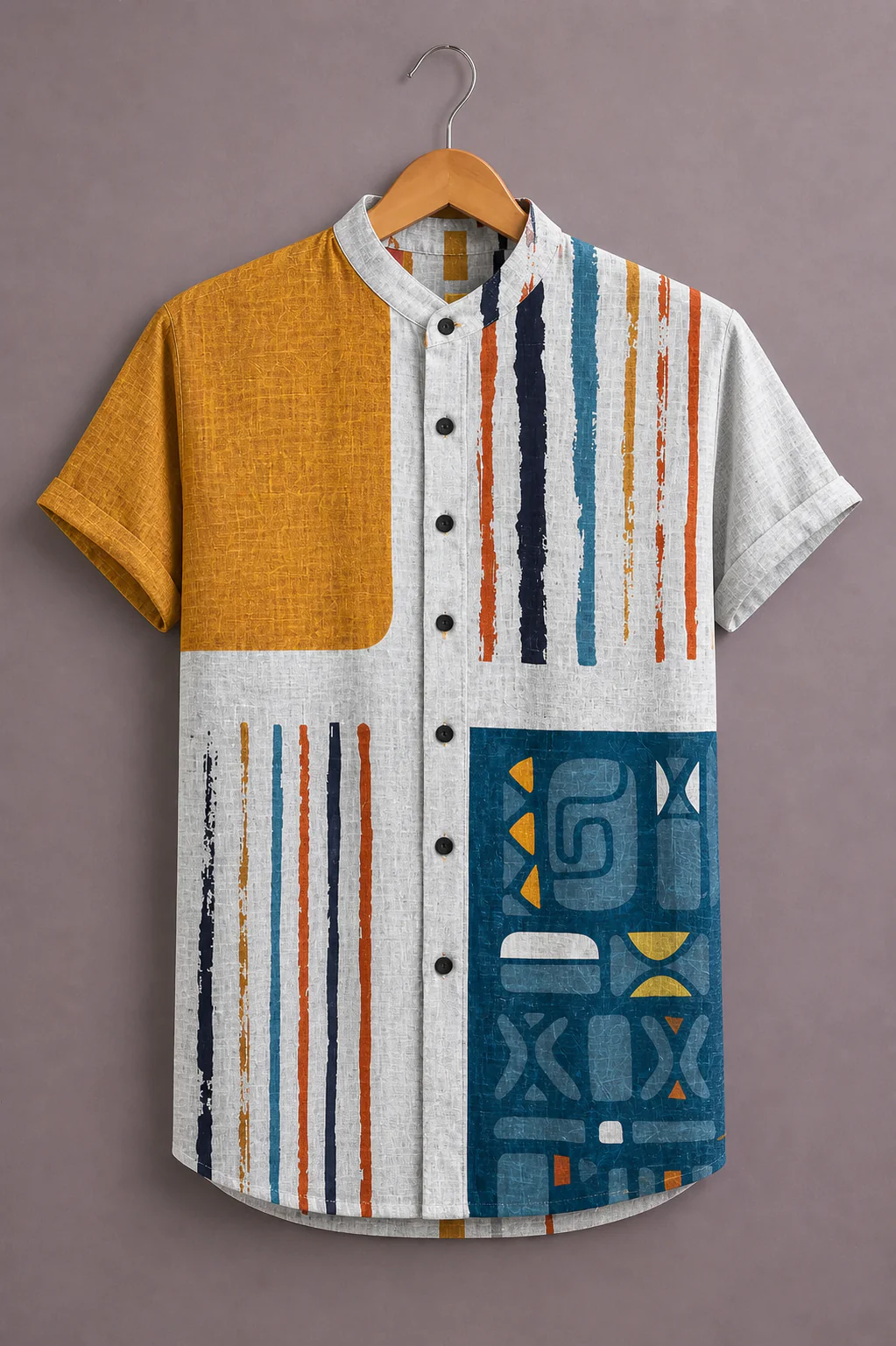 Fabrix™ Men's Premium Abstract Geometric Striped Print Mandarin Collar Short Sleeve Casual Shirt – Designer Modern Art Color Block Summer Wear Shirt for Men
