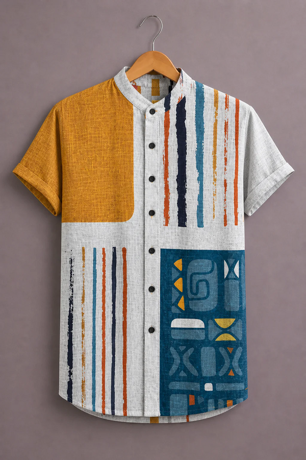 Fabrix™ Men's Premium Abstract Geometric Striped Print Mandarin Collar Short Sleeve Casual Shirt – Designer Modern Art Color Block Summer Wear Shirt for Men