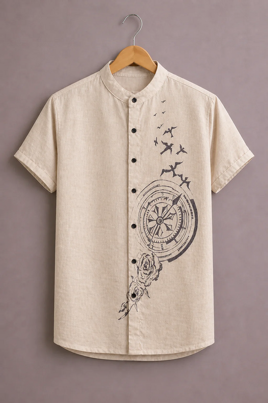 Fabrix™ Men's Premium Compass & Birds Graphic Print Mandarin Collar Short Sleeve Casual Shirt – Designer Minimalist Adventure Inspired Summer Wear Shirt for Men