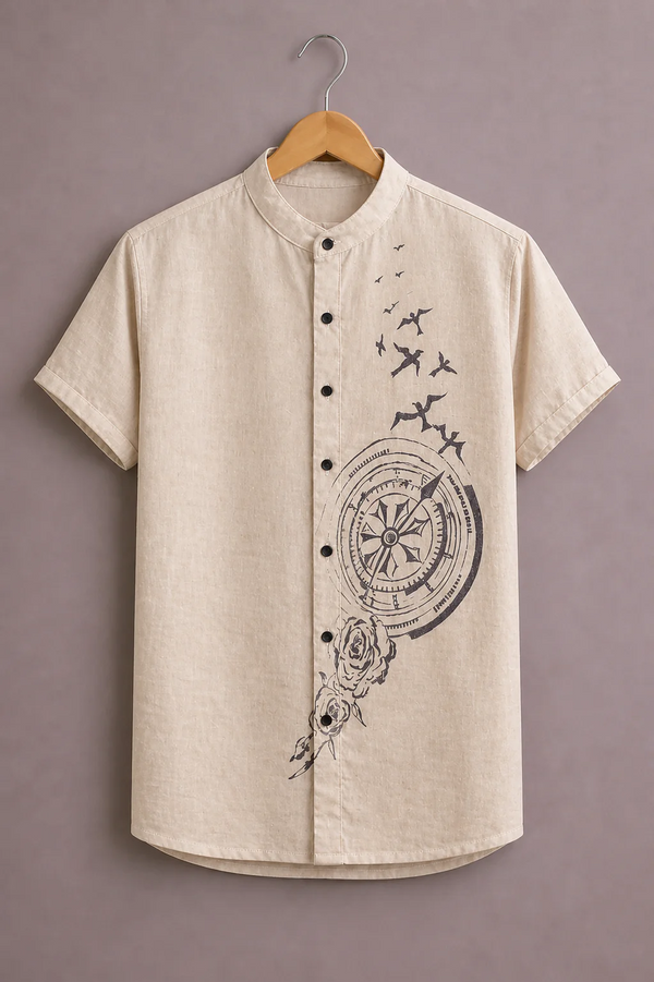 Fabrix™ Men's Premium Compass & Birds Graphic Print Mandarin Collar Short Sleeve Casual Shirt – Designer Minimalist Adventure Inspired Summer Wear Shirt for Men