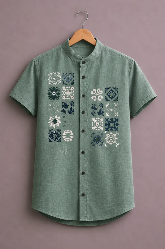 Fabrix™ Men's Premium Floral Tile Print Mandarin Collar Short Sleeve Casual Shirt – Designer Botanical Pattern Summer Wear Shirt for Men