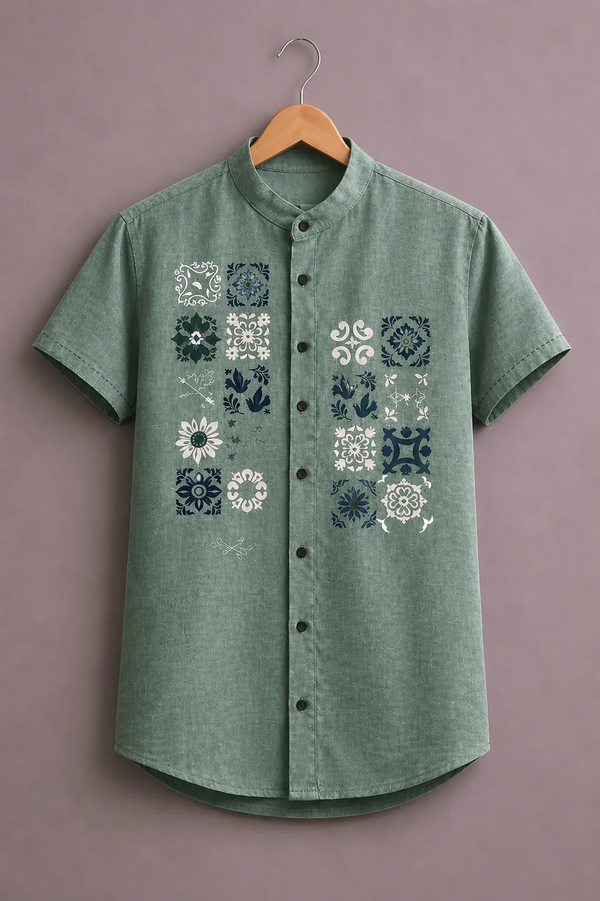 Fabrix™ Men's Premium Floral Tile Print Mandarin Collar Short Sleeve Casual Shirt – Designer Botanical Pattern Summer Wear Shirt for Men