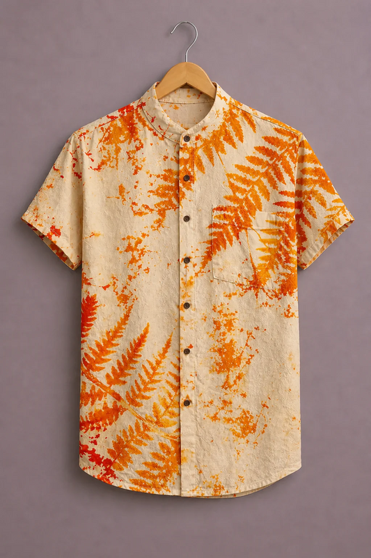 Fabrix™ Men's Premium Tropical Fern Leaf Print Mandarin Collar Short Sleeve Casual Shirt – Designer Botanical Summer Beach Wear Shirt for Men