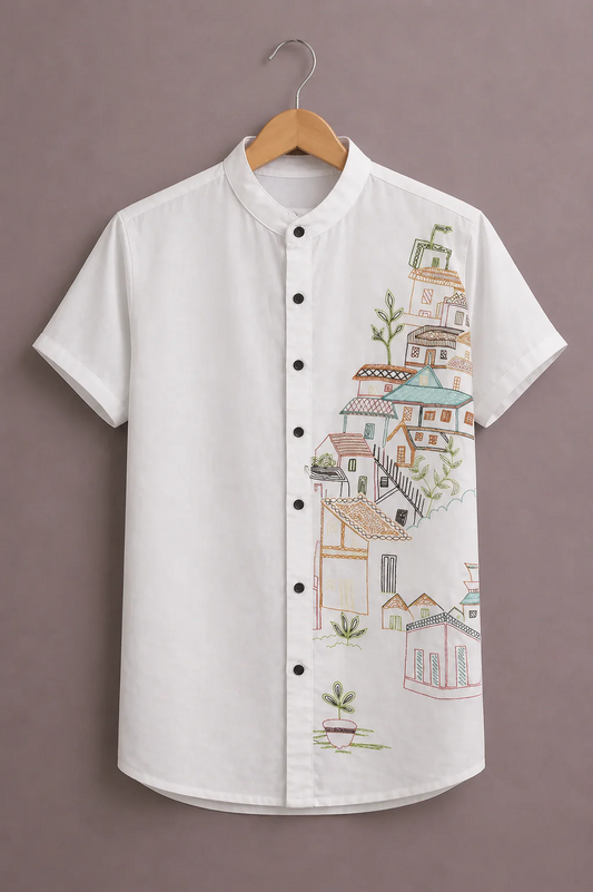 Fabrix™ Men's Premium Minimalist Cityscape Printed Mandarin Collar Short Sleeve Casual Shirt – Designer Urban Art Summer Wear Shirt for Men