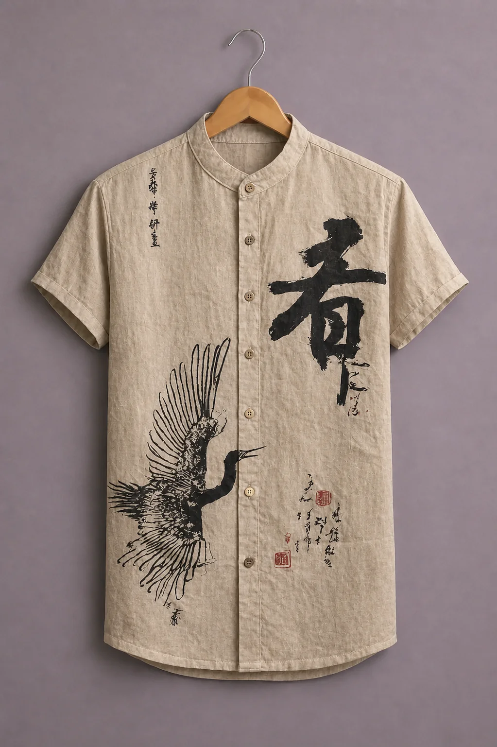 Fabrix™ Men's Premium Japanese Calligraphy Crane Print Mandarin Collar Short Sleeve Casual Shirt – Designer Oriental Art Summer Wear Shirt for Men