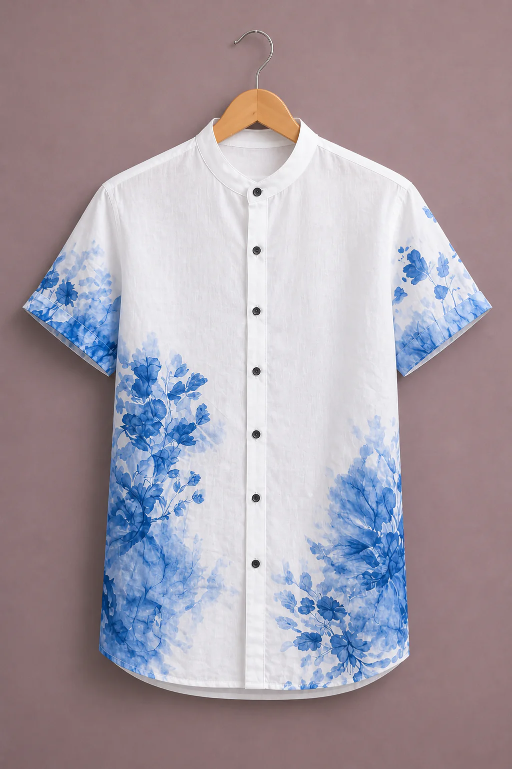 Fabrix™ Men's Premium Blue Floral Watercolor Print Mandarin Collar Short Sleeve Casual Shirt – Designer Botanical Art Summer Wear Shirt for Men
